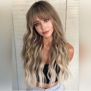 Long Curly Wavy Synthetic Hair Wigs with Bangs  Women Ombre Ash Brown
